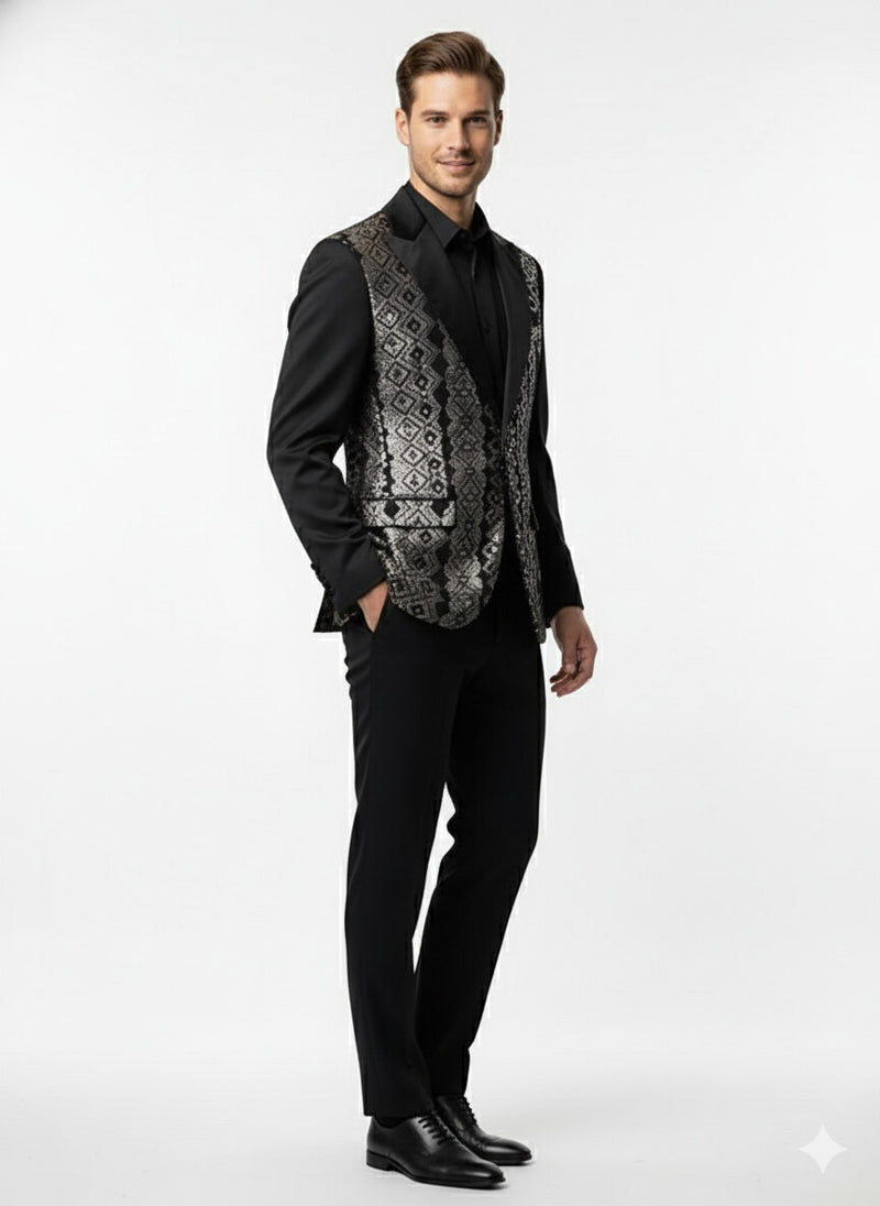 Mens Black and White and Silver Sequin Embroidered Blazer - Luxury Designer Party Wear with Geometric Detailing