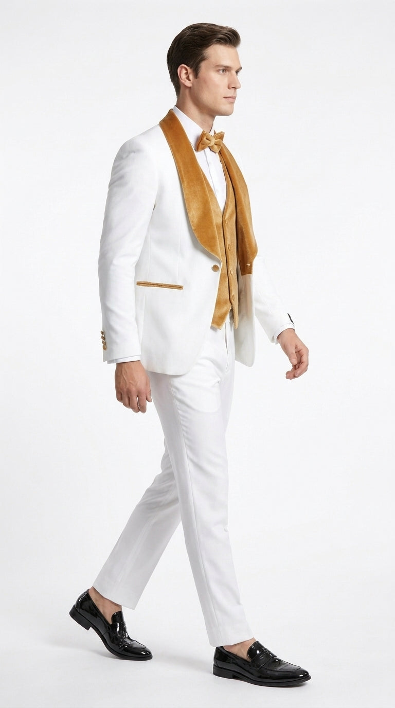 Men's White & Gold Tuxedo – Velvet Shawl Lapel 3 Piece Wedding & Prom Suit