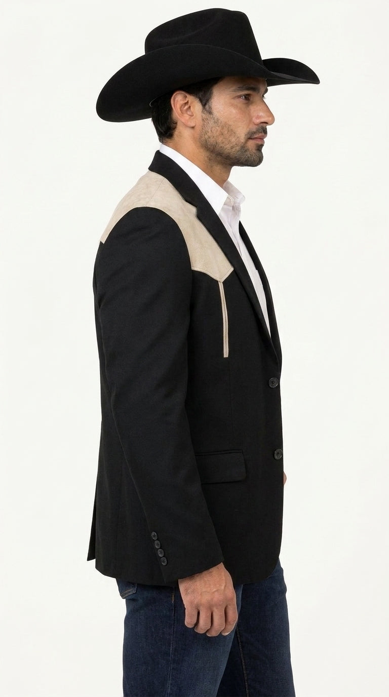 Men’s Black & Bone Tan Western Blazer – Cowboy Sport Coat with Suede Yoke for Rodeo, Ranch & Country Wear