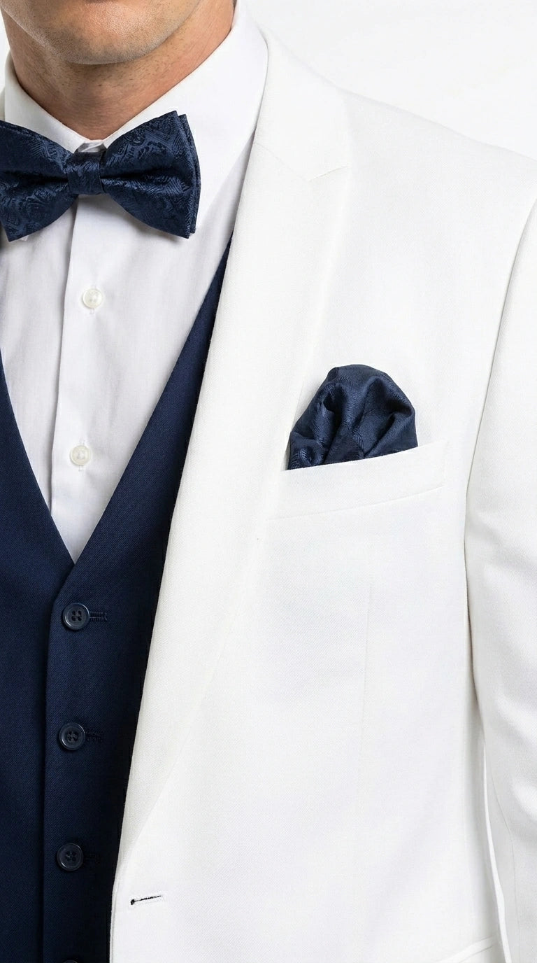 Men’s White and Navy blue tuxedo  3 Piece Suit – Classic White Blazer with Navy Vest and Pants for Wedding, Party + Bowtie