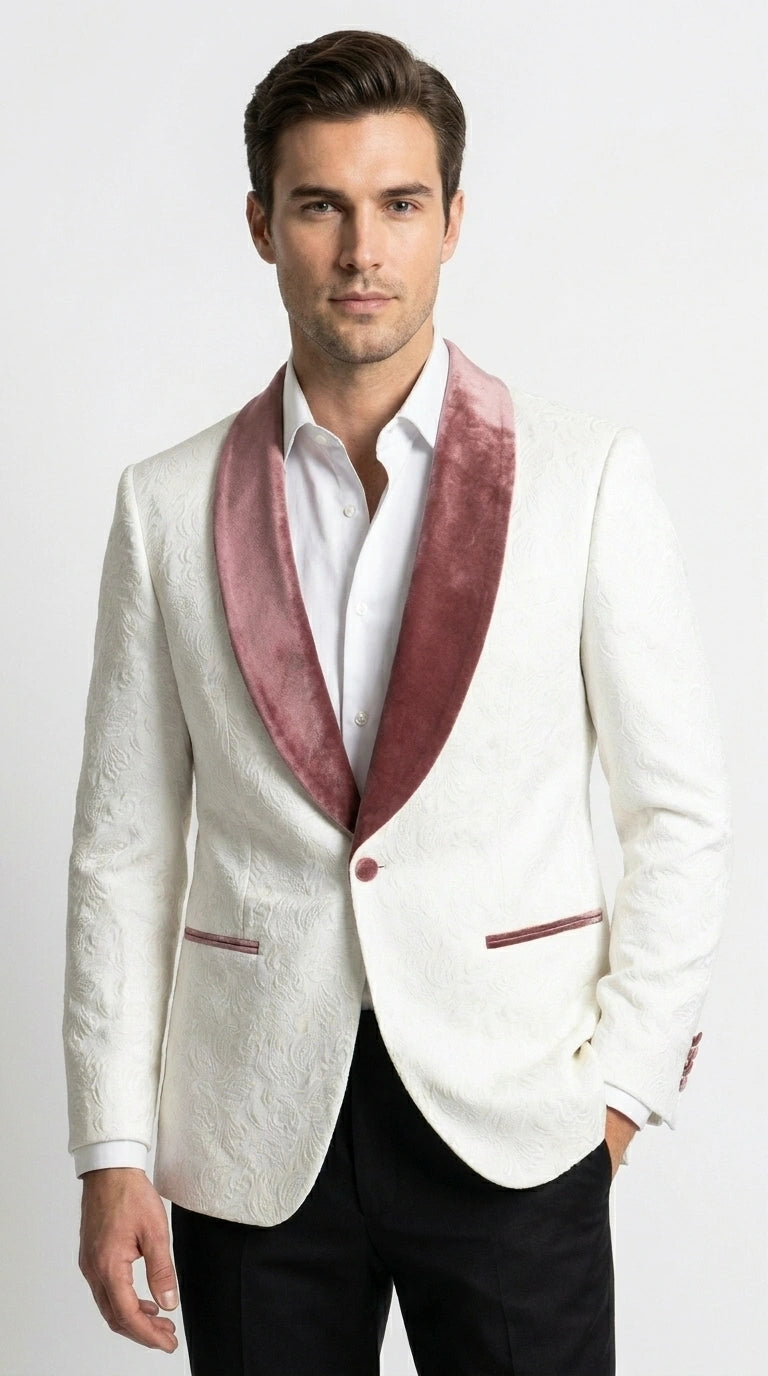 Men’s Ivory and Rose gold Floral Blazer – Elegant Shawl Lapel Formal Blazer Jacket for Wedding, Party, Prom