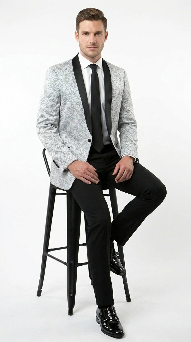 Men’s Silver and Black Floral Blazer – Elegant Formal Tuxedo Style Blazer Jacket for Wedding, Party, Prom and Evening Wear