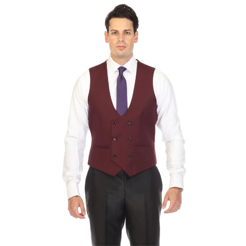 The men's double-breasted burgundy vest by Alberto Nardoni features a fitted design with a deep V-neckline and six front buttons. The fabric appears smooth with a slight sheen, and the vest has two side pockets. Its color is a rich burgundy, complementing the tailored shape.