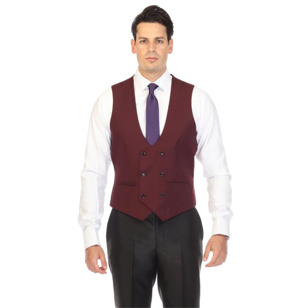 The men's double-breasted burgundy vest by Alberto Nardoni features a fitted design with a deep V-neckline and six front buttons. The fabric appears smooth with a slight sheen, and the vest has two side pockets. Its color is a rich burgundy, complementing the tailored shape.