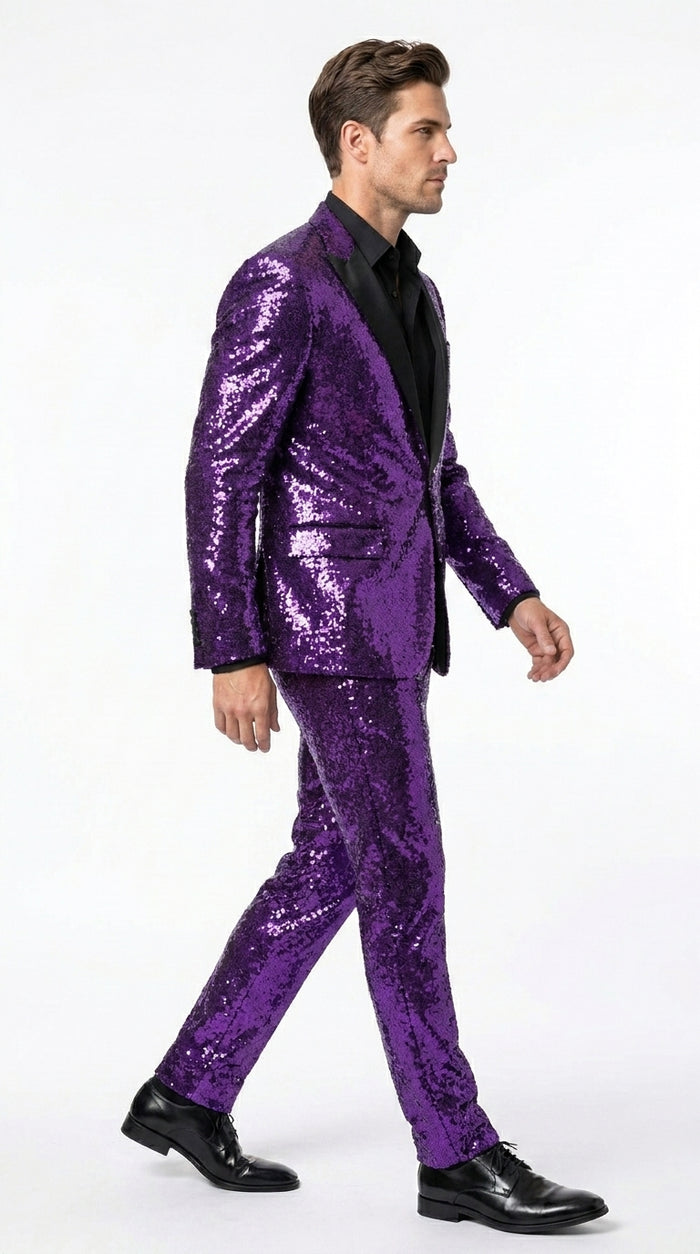 Men’s Purple Glitter Tuxedo Suit with Black Lapel, Party Stage Performance Formal Suit