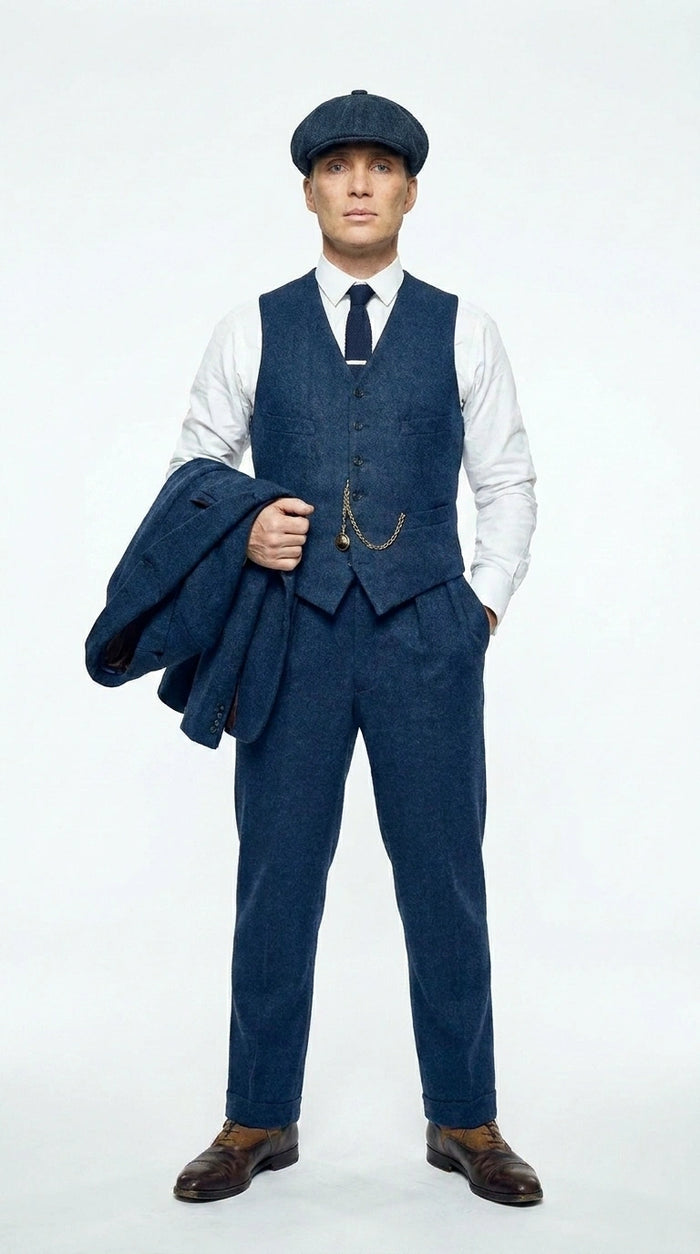 Men’s Blue 3 Piece Suit, Thomas Shelby Inspired Vintage Formal Suit Herringbone Tweed 1920s fabric