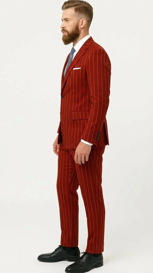 Men's red pinstripe suit. Fitted, two-button, vested. Textured material with white pinstripes. Features single breast pocket & matching trousers. Deep red color.
