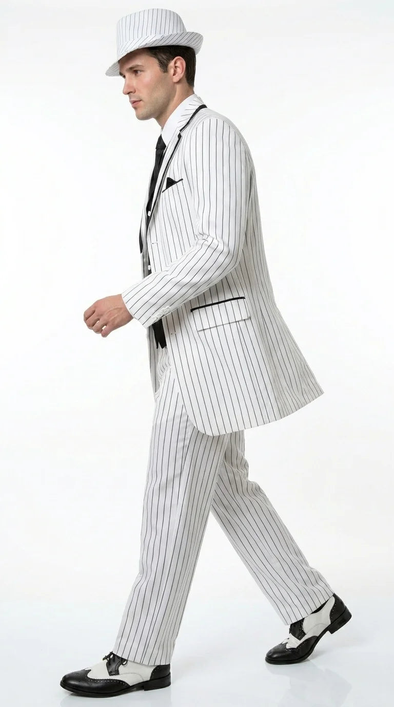 Men’s White Pinstripe 1920s Gangster 3 Piece Suit, Black Contrast Formal Costume Suit for Parties, Prom, Weddings, and Theme Events