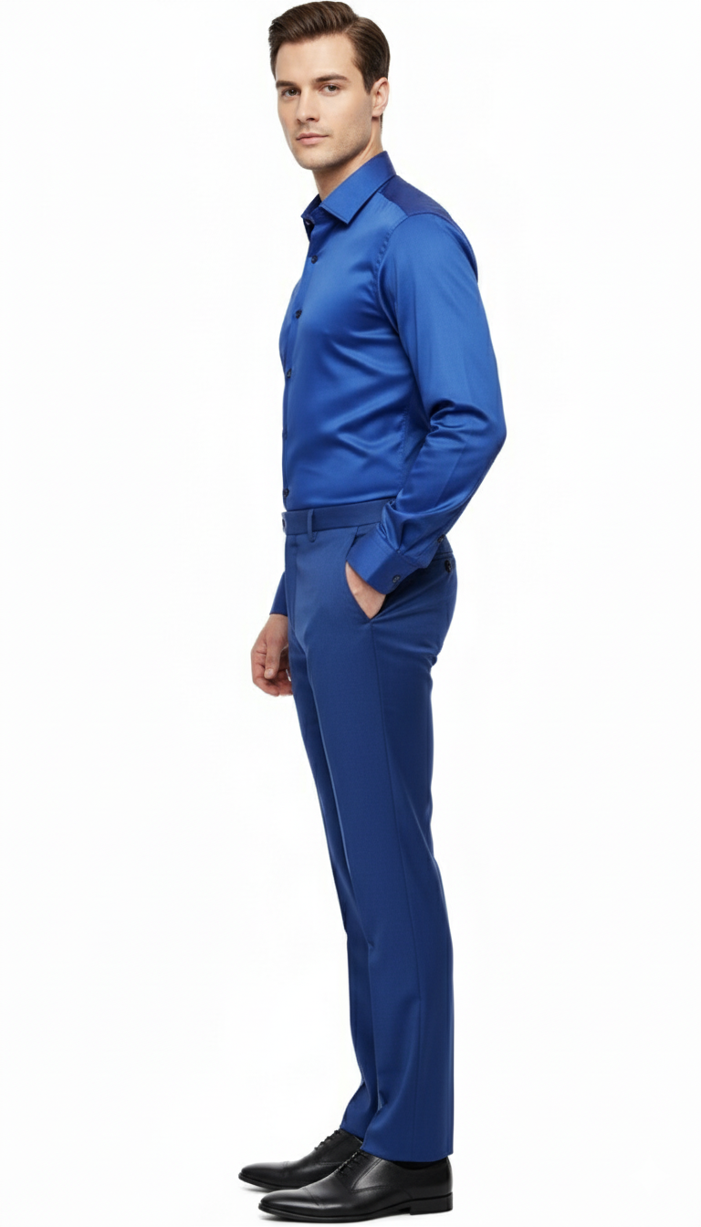 Men's royal blue satin dress shirt. Long sleeves, fitted silhouette, classic button-down collar. Smooth, shiny fabric. Button-down front and fitted cuffs.
