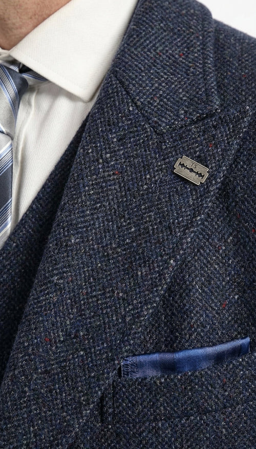 Men’s Navy Blue Herringbone Tweed  1920s 3 Piece Suit with Overcoat – Vintage Peaky Blinder Style Formal Suit Set with Blazer, Waistcoat + Overcoat + Hat