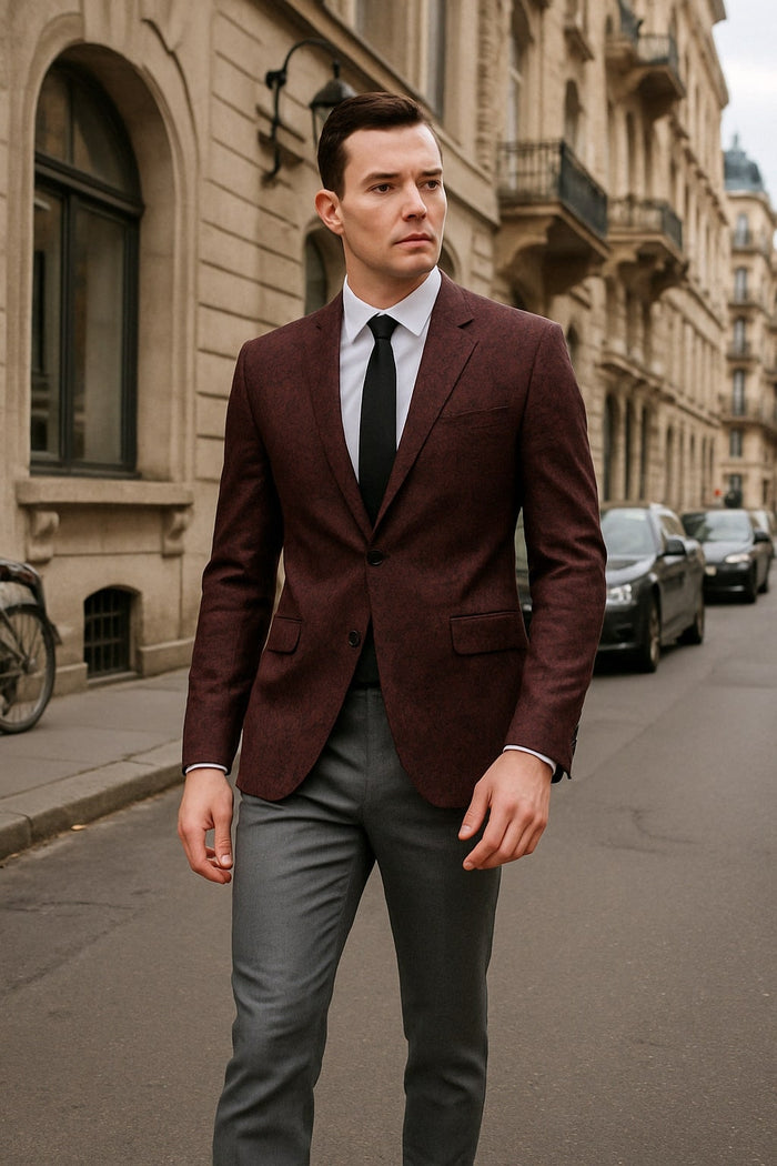 Alberto Nardoni men's burgundy & black paisley tuxedo blazer. Fitted, single-button closure, notched lapels. Features a sleek design with two front pockets. Tailored finish with visible stitching.
