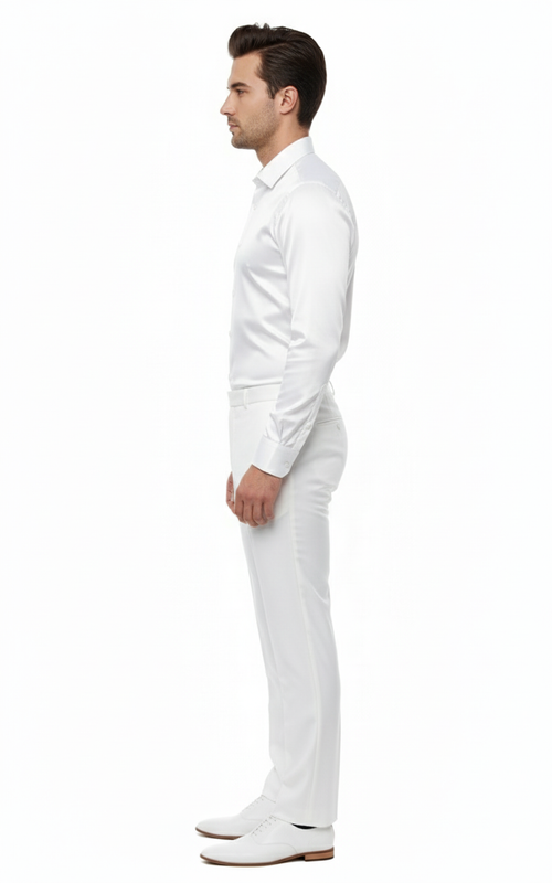 Men's white satin dress shirt. Classic long sleeves, structured collar, and fitted silhouette. Smooth, lustrous material. Buttoned cuffs, streamlined design, perfect for tailored trousers. Formal wear.
