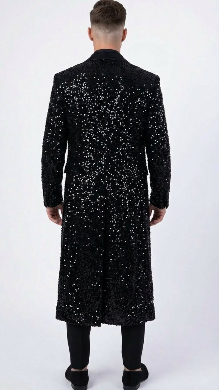 Men's black sequin long coat. Fitted silhouette, knee-length. Features satin shawl lapel. Embellished with light-reflecting sequins.
