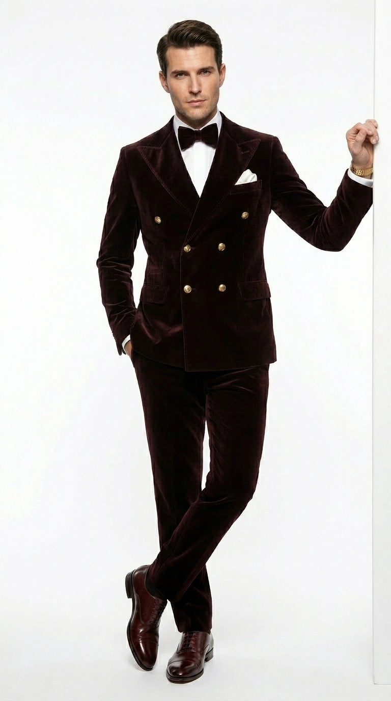 Men’s Dark Brown Velvet Blazer and Pants 2 Piece Suit, Double Breasted Formal Dinner Suit for Weddings, Prom