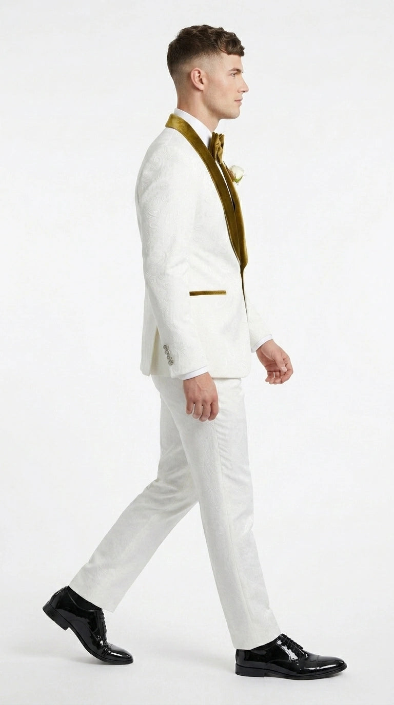 Men’s White Paisley 3 Piece With Vest Prom Tuxedo with Gold Velvet Shawl Lapel, Formal Wedding Suit Set