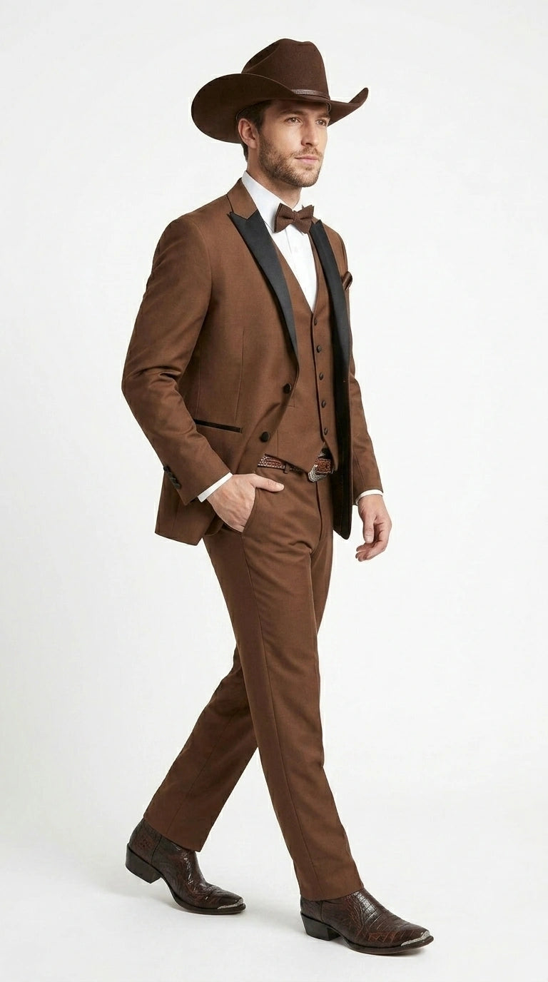 Men’s Light Brown Western Tuxedo 3 Piece Suit with Black Peak Collar Lapel, Country Look Cowboy Suit