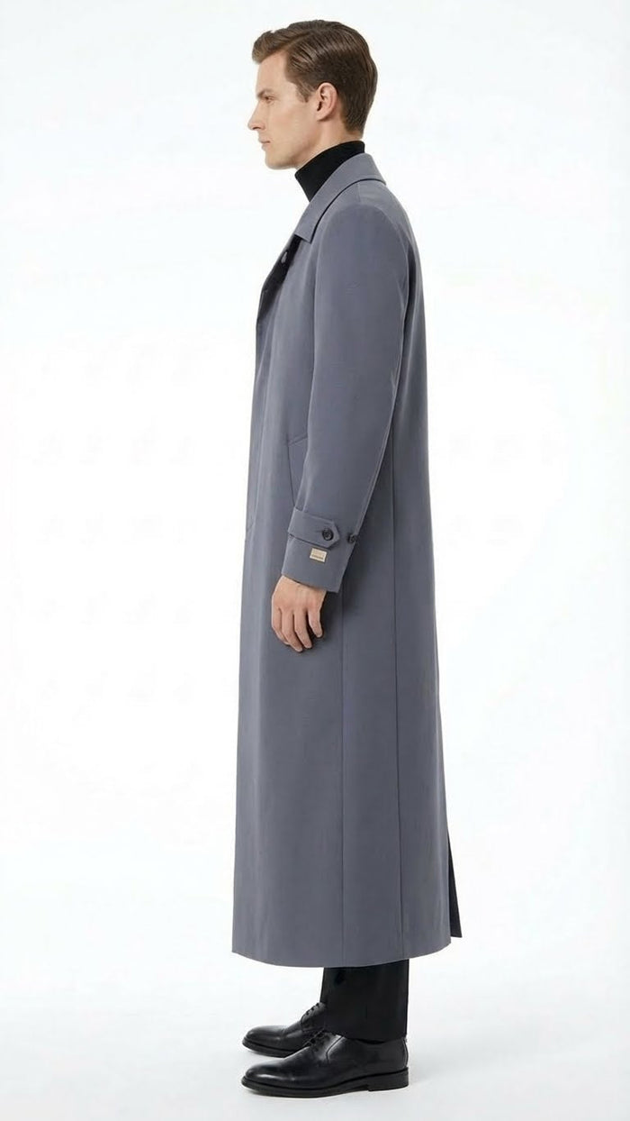 Alberto Nardoni charcoal grey overcoat. Full-length, straight silhouette with tailored fit. Traditional collar, long sleeves, and smooth fabric. Side slant pocket, buttoned cuffs. Minimalist design, extends below knees.
