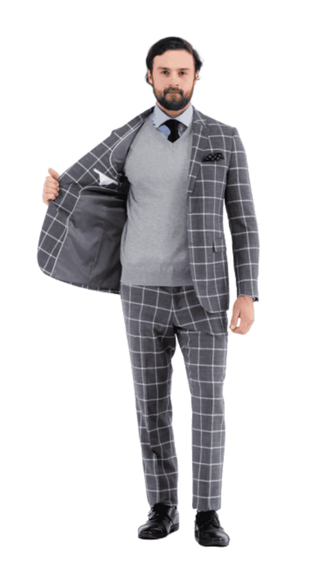 Mens Vested Gangster Plaid Pattern 1920's Plaid Suit in Grey