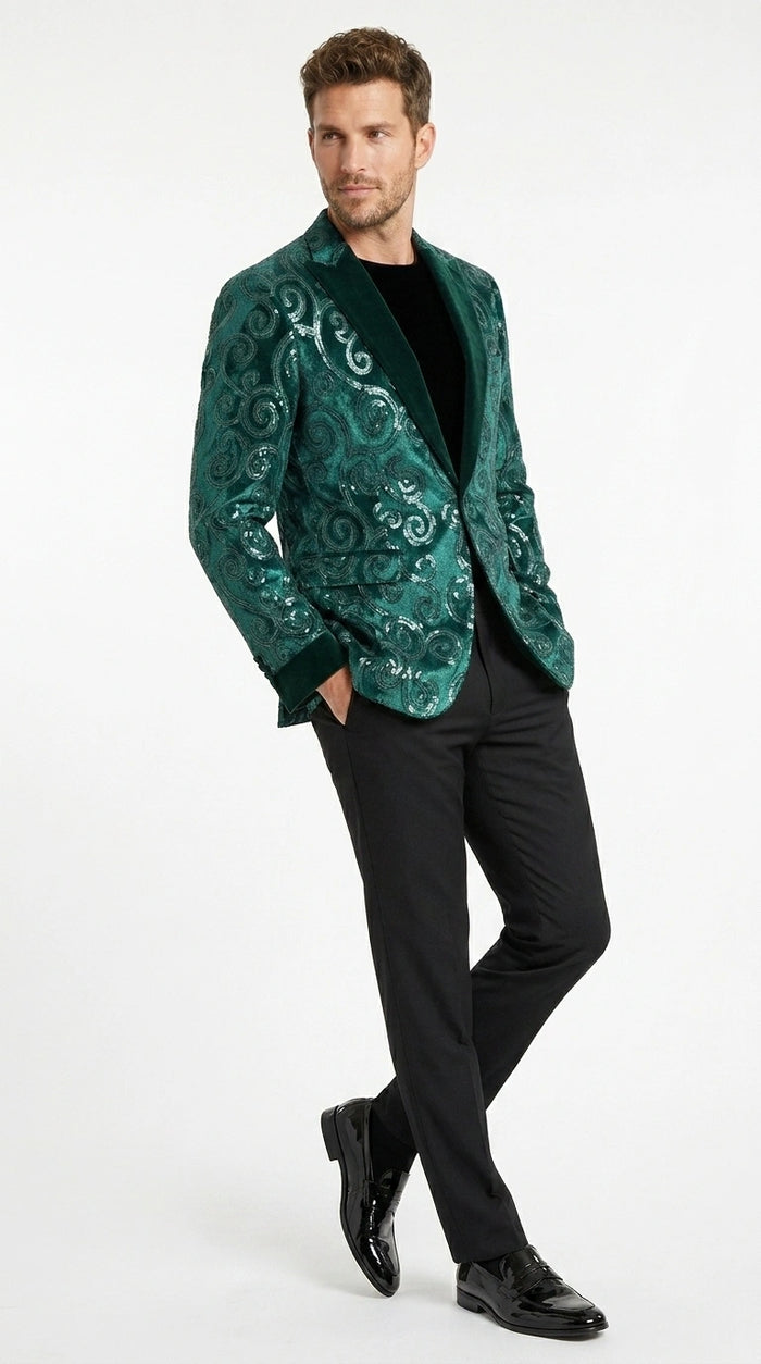 Men’s Emerald Green Paisley Tuxedo Dinner Jacket with Black Lapel, Formal Prom Wedding Party Blazer