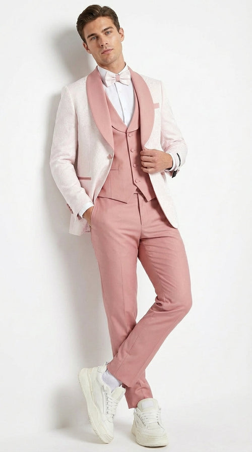 Men’s Cream and Rose Pink Prom Suit – Cream Tuxedo Jacket with Rose Pink Pants and Shawl Lapel Formal Suit for Prom and Wedding