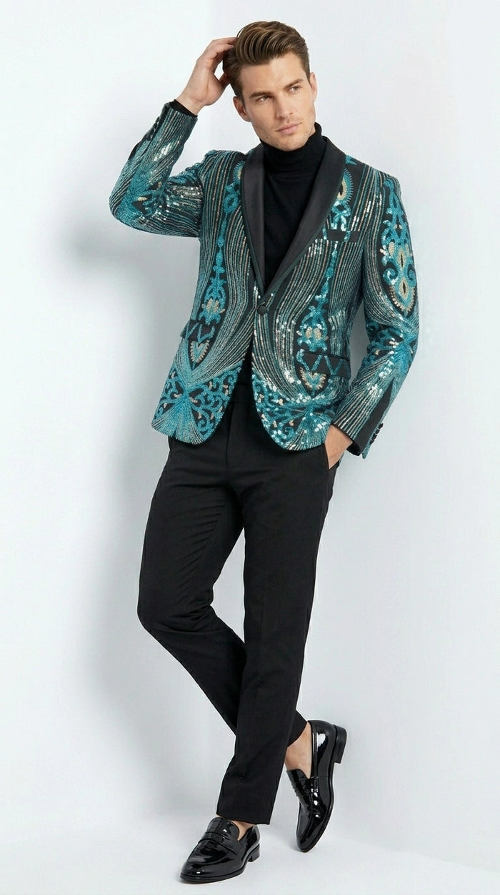 Men’s Black and Turquoise Blue With teal green Sequin Dinner Jacket, Formal Prom Wedding Paisley Floral Mardi Gra Pattern