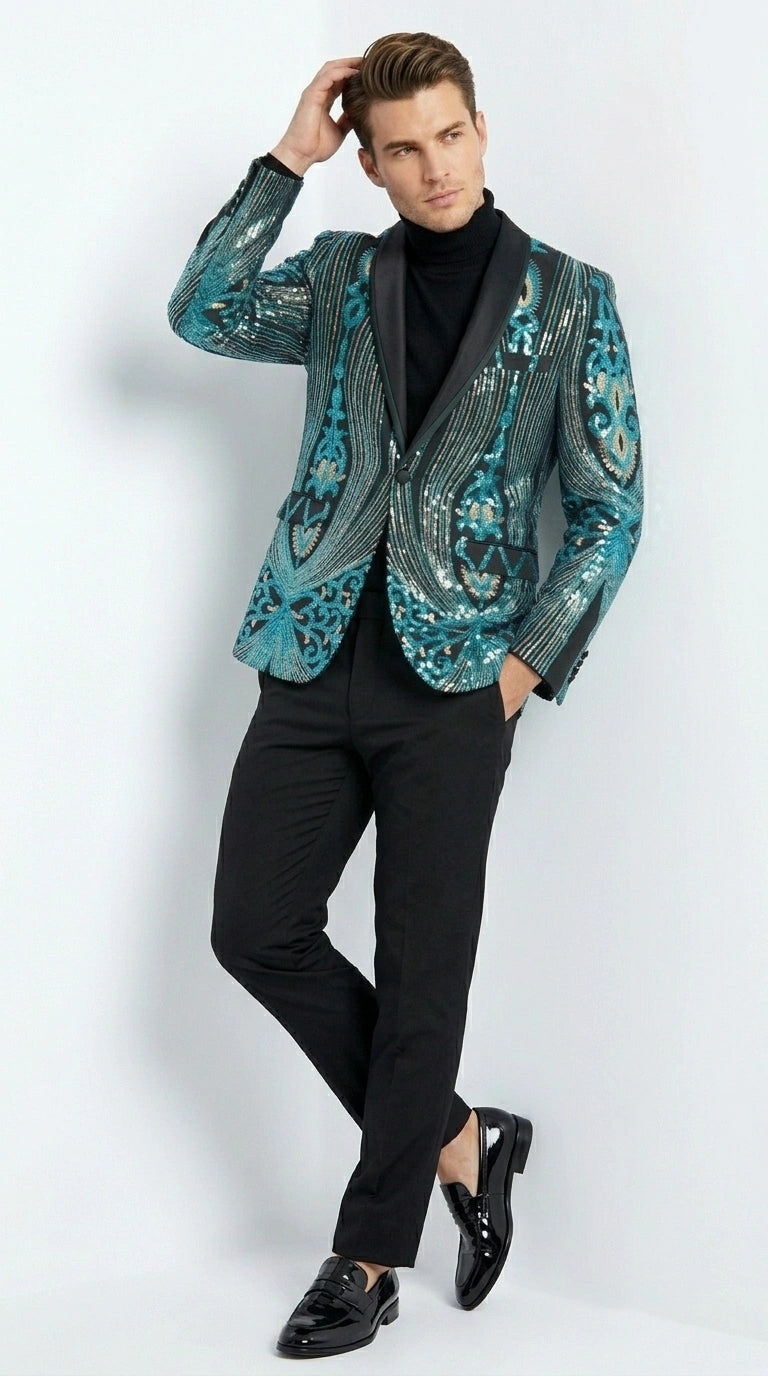 Men’s Black and Turquoise Blue With teal green Sequin Dinner Jacket, Formal Prom Wedding Paisley Floral Mardi Gra Pattern
