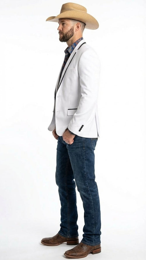 Men’s White Western Blazer with Black Trim – Classic Cowboy Style