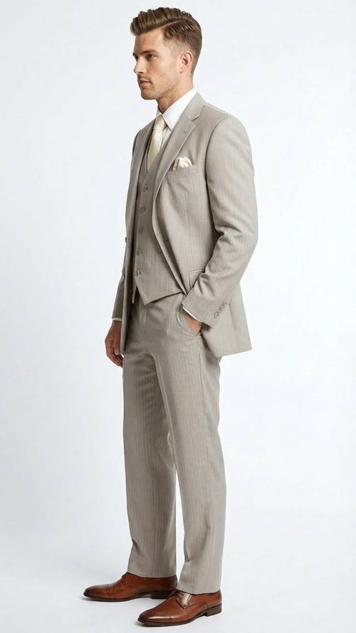 Men's light tan 3-piece suit with pinstripes. Includes single-breasted jacket (3 buttons, 2 pockets), vest, and straight-leg pants. Lightweight fabric, fine vertical pattern.