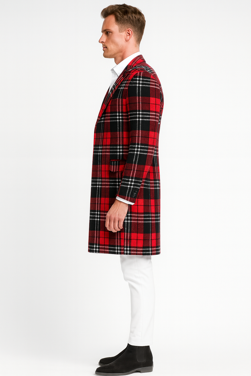 Men's red plaid wool overcoat. Classic tartan check in red, black, and white. Long, tailored single-breasted silhouette for a refined look.
