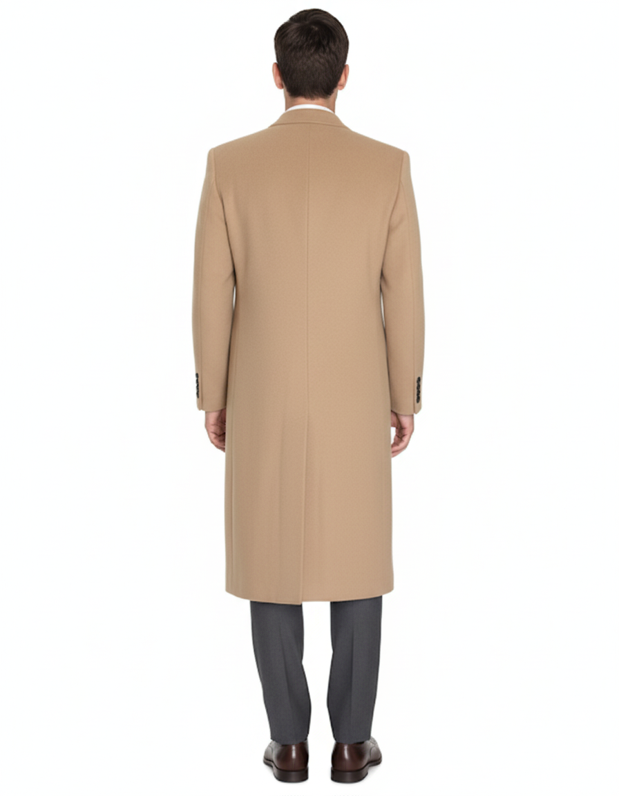 Mens Overcoat -Mens Long Wool Topcoats- Topcoat For Men-Men's Dress Coat Tan 4 Buttons Full Length Wool Cashmere Blend Overcoat Top Coat