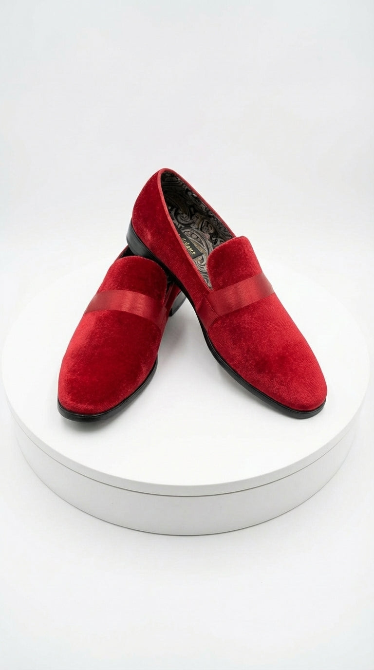 Mens Red Velvet Loafers – Luxury Formal Slip On Dress Shoes Wedding Party Prom Evening Shoes