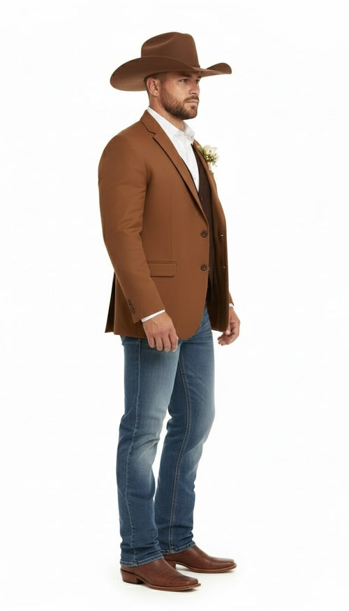 Men's rust copper brown western blazer. Tailored fit, 2-button closure, notch lapel, contrasting stitching. Smooth, pattern-free fabric.