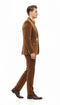 Bronze men's velvet suit: blazer and pants in brown and gold. Structured jacket with decorative buttons and subtle pattern. Tailored fit for a sharp silhouette.
