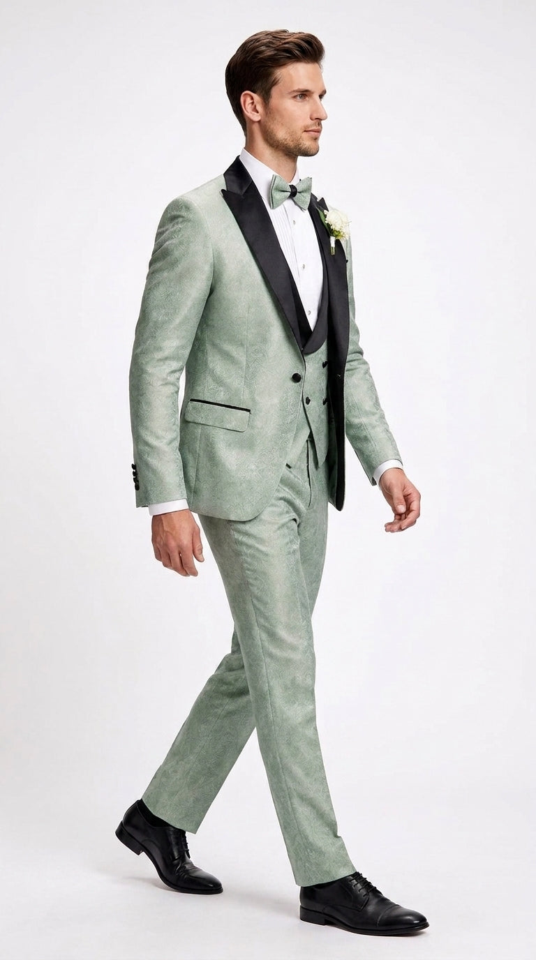 Men’s Sage Green Wedding Tuxedo with Black Shawl Lapel – 3 Piece Groom Prom Suit Mintish Color