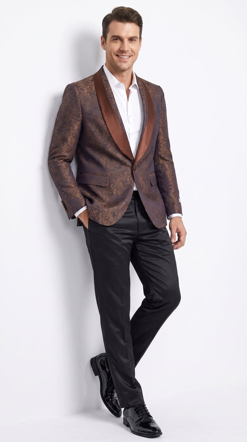 Men’s Light Brown Paisley Tuxedo Jacket, Wedding Prom Dinner Blazer with Satin Shawl Lapel