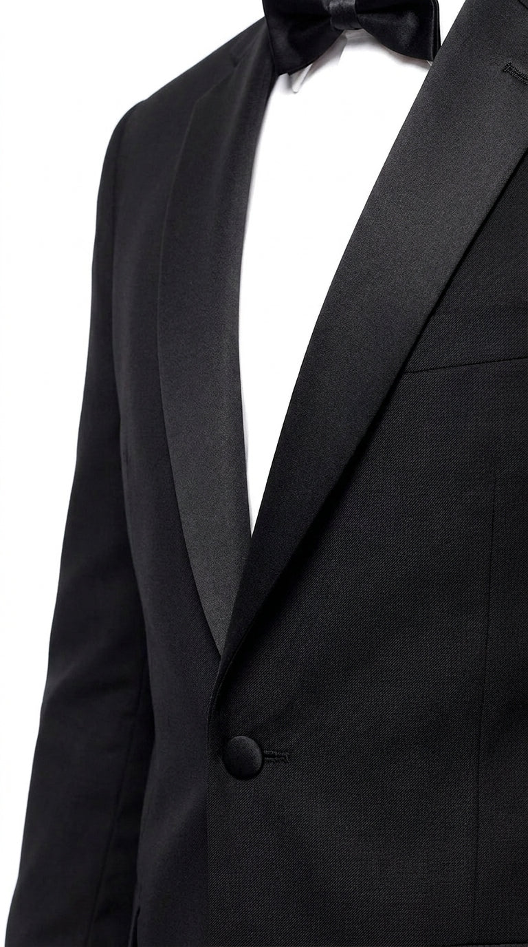 Men’s Black Uniform Tuxedo – One-Button Satin Lapel Formal Suit for Weddings, Prom and Events