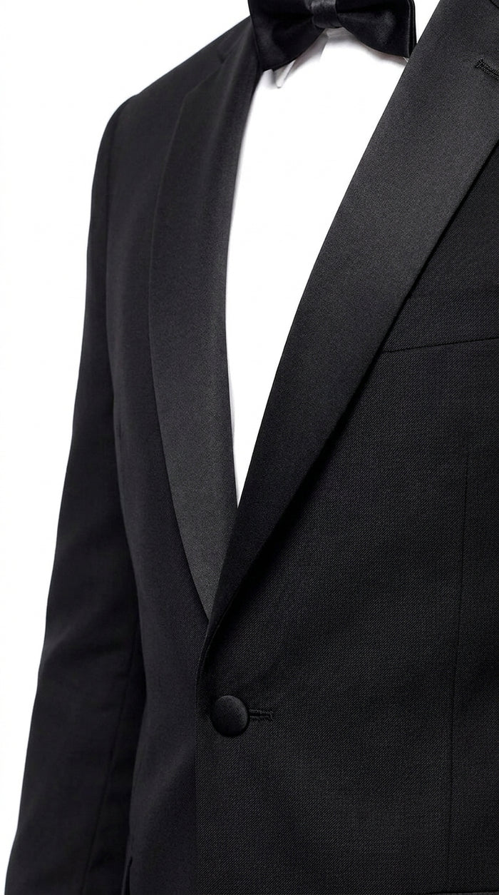 Men’s Black Uniform Tuxedo – One-Button Satin Lapel Formal Suit for Weddings, Prom and Events