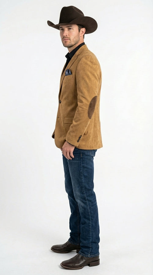 Men’s Camel Suede Cowboy Blazer with Elbow Patch – Camel Western Style Suede Sport Coat for Casual