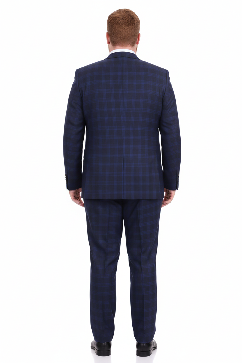 Mix And Match Suits Men's Plaid Pattern Portly Fit Blue Two Button Fully Lined Suit Executive Fit Suit - Mens Portly Suit