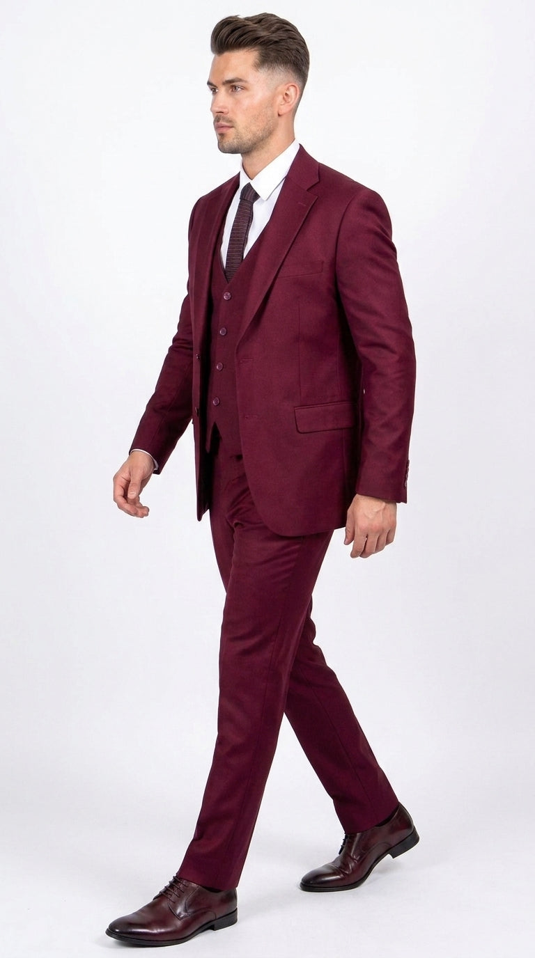 Men’s Stacy Adams Brand Burgundy 3 Piece Suit – Two Button Vested Style church wedding Modern Fit Suit