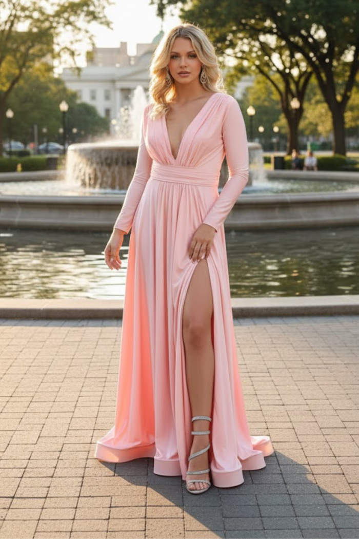 Long Sleeve Stretchy Formal Evening Gown
