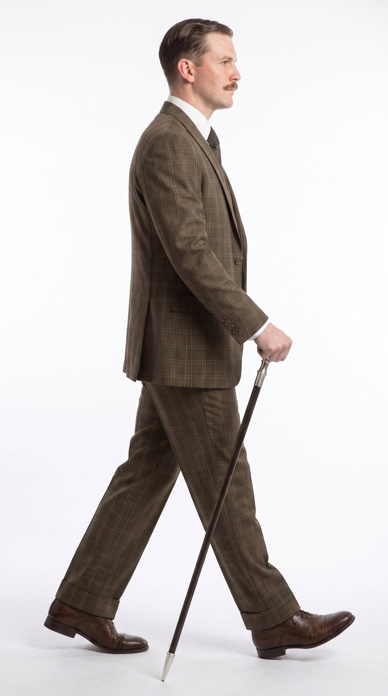 Men’s Edwardian Brown Plaid 3-Piece Suit – Vintage Double-Breasted Vest Wedding and Formal Suit