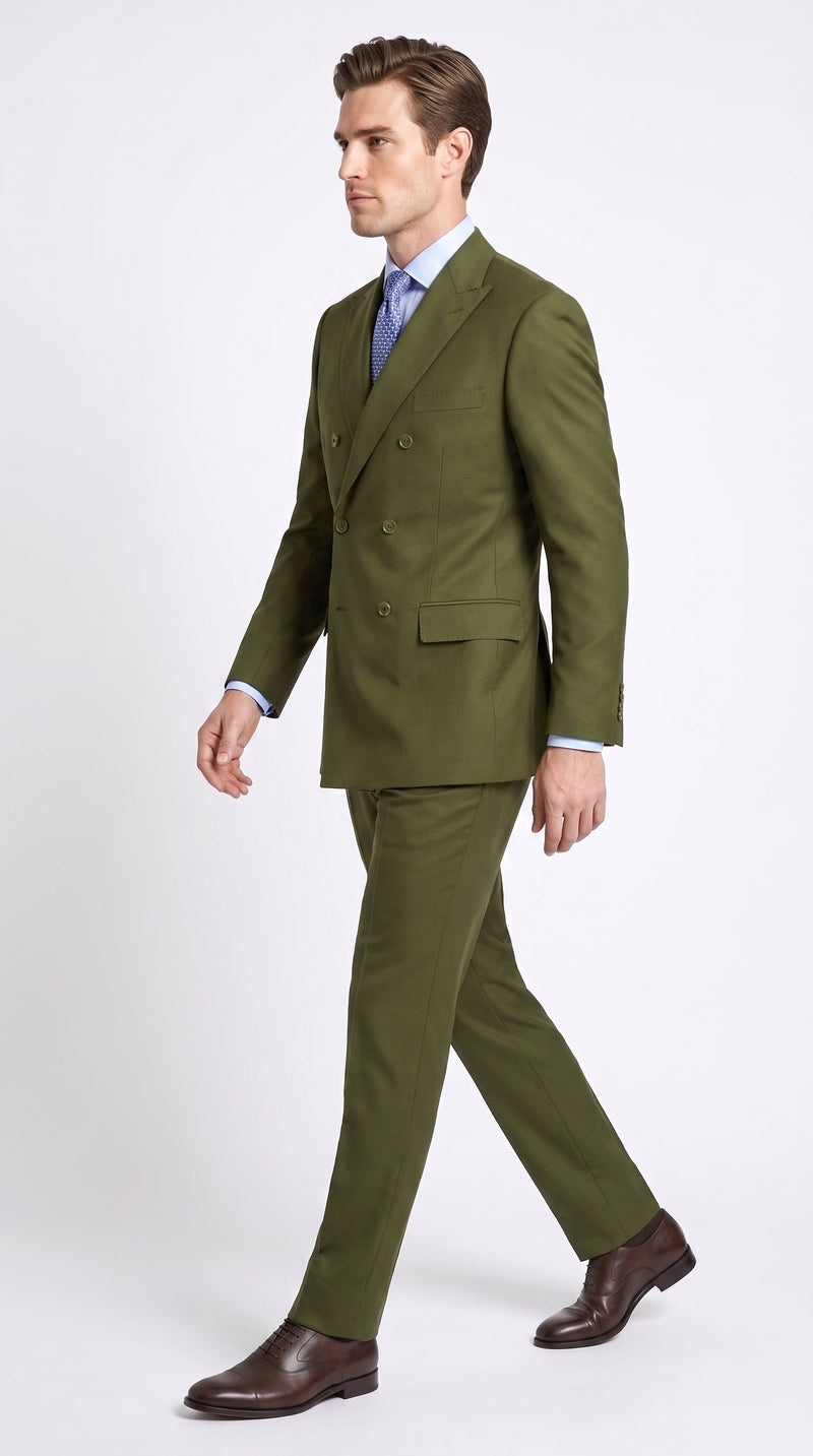 Men’s Olive Green Double-Breasted Suit – Classic Peak Lapel Wedding, Business Hunter Color