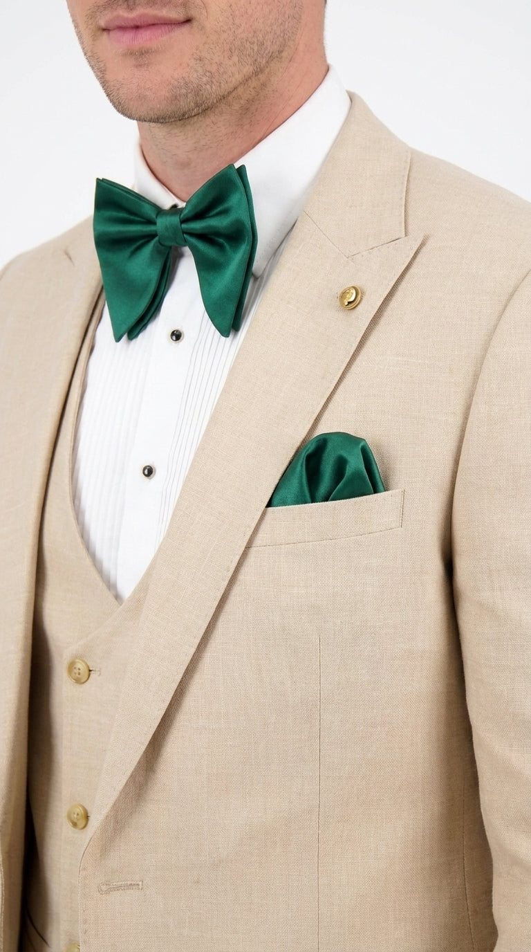 Men’s Khaki Tan 3-Piece Groomsmen Suit – Wedding Suit with Double-Breasted Vest and Pants Great Gatsby Style Gold buttons