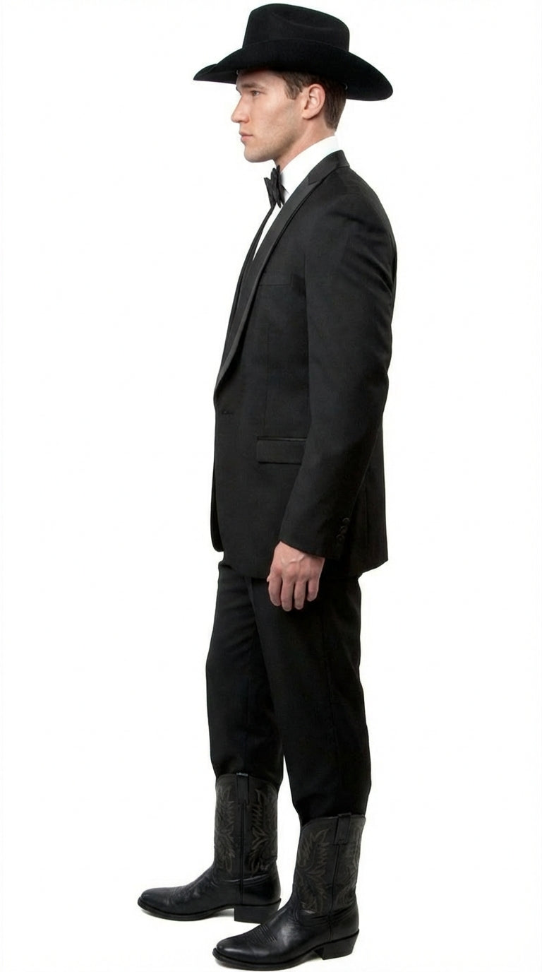 Black Western Tuxedo for Men | Classic Three Piece Formal Wedding Peak Lapel with Trim Collar Cowboy Suit