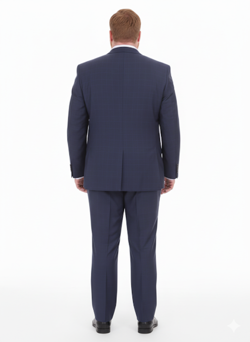 Mix And Match Suits Men's 2 Button Portly Fit Blue Plaid Pattern With Overcheck Suit Executive Fit Suit - Mens Portly Suit