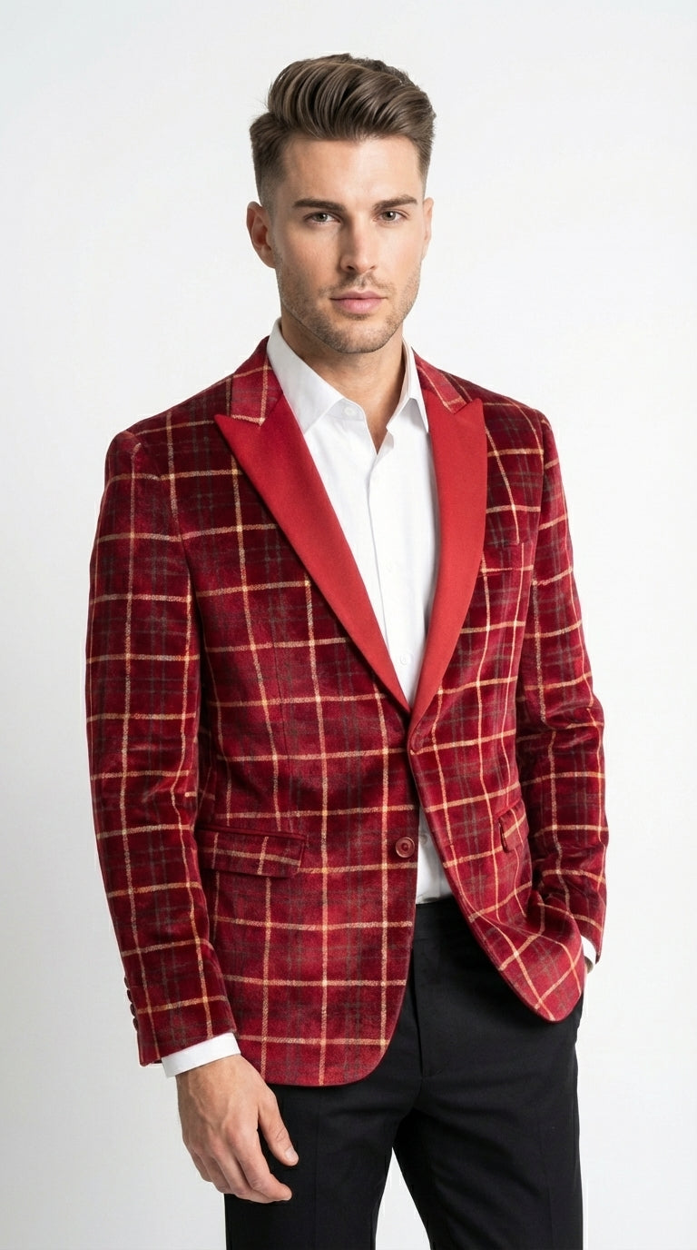 Mens Red Burgundy Plaid Blazer with Contrast Lapel – Velvet Fabric Check Prom Blazer Jacket for Party, Christmas New Year Holiday Jacket