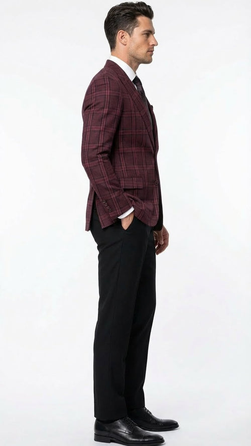 Alberto Nardoni men's burgundy check blazer. Fitted, single-breasted, textured fabric. Burgundy with darker check pattern. Notch lapels, two front pockets. Paired with black dress trousers.
