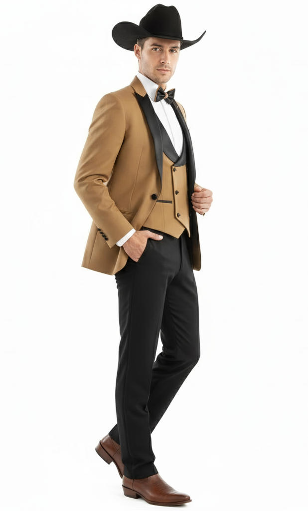 Tan 3-piece western tuxedo for men. Features a suit with black satin lapel, mocca vest, and tailored black trousers. Cowboy chic meets formal wear.