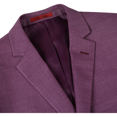 The men's two-button slim fit two-piece suit by Alberto Nardoni features a tailored design in a rich purple color. The blazer includes a notched lapel, a single breast pocket, and is partially lined with a darker hue. The fabric appearance suggests a textured finish.